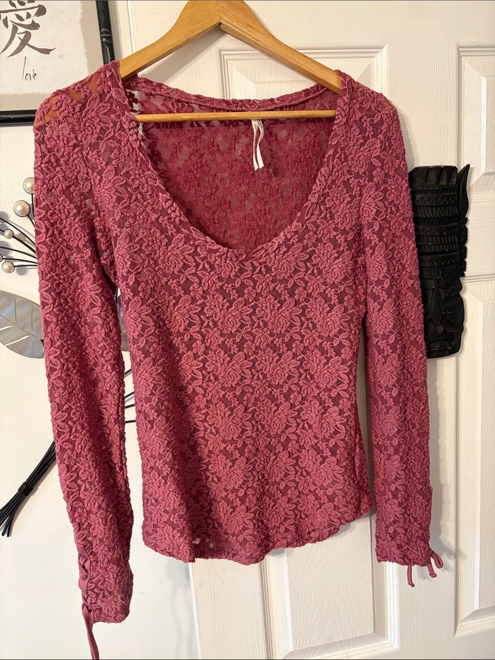 Anthropologie Dusty Rose Lace Long-Sleeve Scoop Neck Top